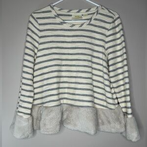 Anthropologie Maeve striped shirt w faux fur cuffs and hem women’s size medium